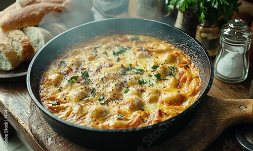 Wallpaper Mural A delicious baked pasta dish served in a skillet on a rustic wooden table with bread and herbs Torontodigital.ca