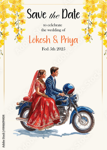Beautiful indian wedding invites with couples on Bikes 