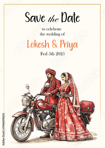 Beautiful indian wedding invites with couples on Bikes 
