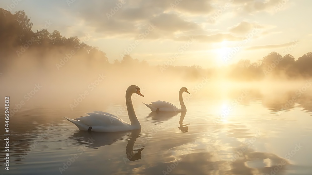 Fototapeta premium Two swans swim on a misty lake at sunrise.