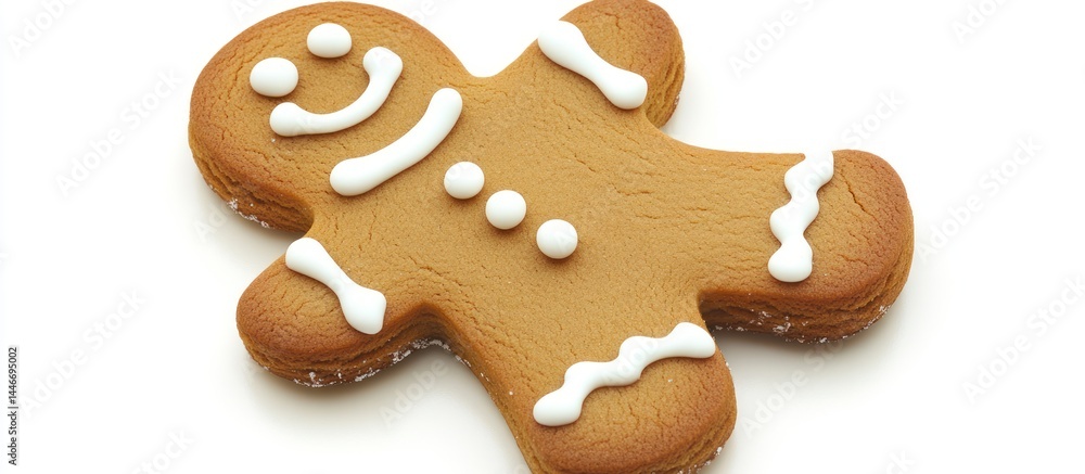 Festive gingerbread cookie man lying on a pristine white background for christmas Festive gingerbread cookie man lying on a pristine white background for christmas