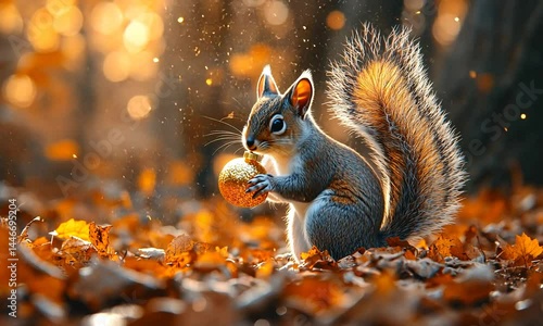 Wallpaper Mural A playful squirrel holds a golden acorn amidst vibrant autumn leaves in a serene forest Torontodigital.ca