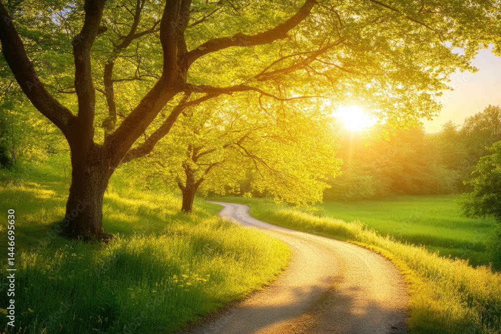 Fototapeta premium A Path Winding Through Lush Greenery, Illuminated by the Golden Sunset Glow