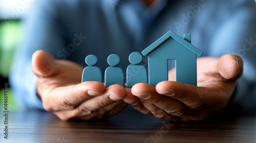 A person's hands safeguard a family home symbol.