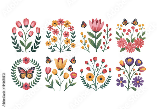 Spring flower bouquet vector set colorful floral arrangements with butterflies in flat decorative style