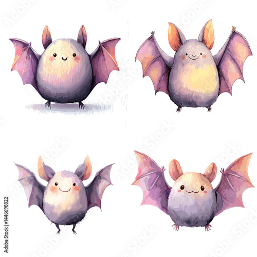 Charming watercolor illustrations of smiling cartoon bats. Ideal for Halloween content, kids' decorations, and whimsical spooky designs.

