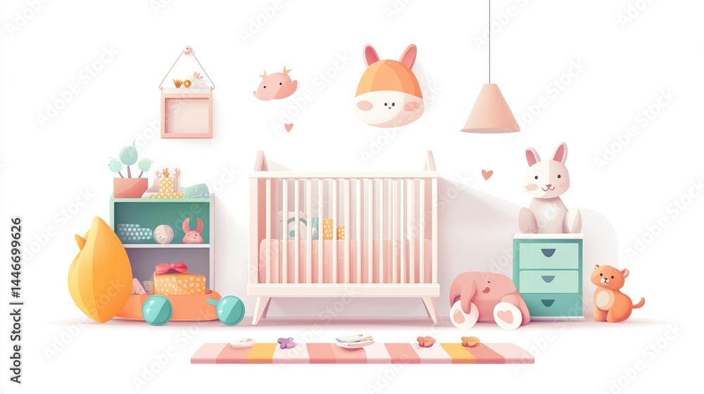 Pastel nursery room with crib, toys, and decor. (1) Pastel nursery room with crib, toys, and decor. (1)