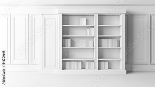 White built-in bookcase filled with books against a paneled wall