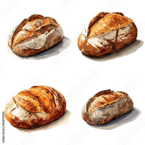 Watercolor-style loaves of crusty artisan bread. Perfect for bakery menus, rustic food visuals, and handmade culinary product designs.

