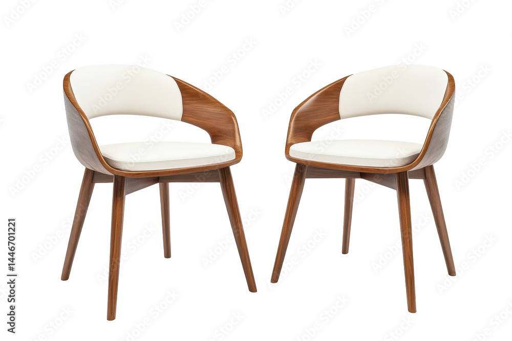 Obraz premium Two light-colored upholstered armchairs with wooden frames, displaying a mid-century modern aesthetic. A pair of stylish dining chairs for a modern home.