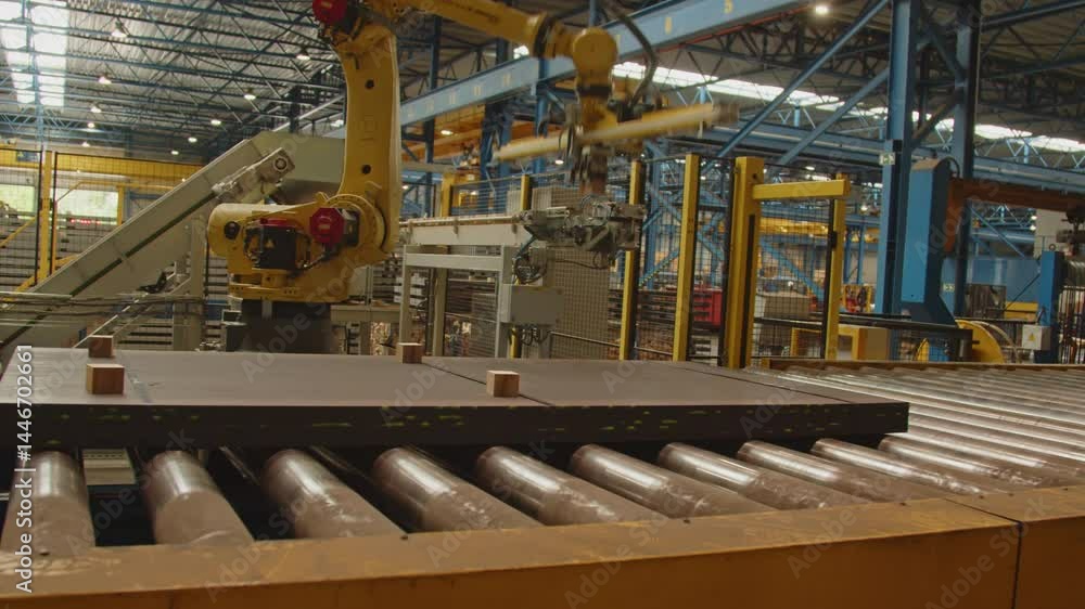 An automated arm places dividing wood blocks on a stack of steel plates on a roller bench An automated arm places dividing wood blocks on a stack of steel plates on a roller bench
