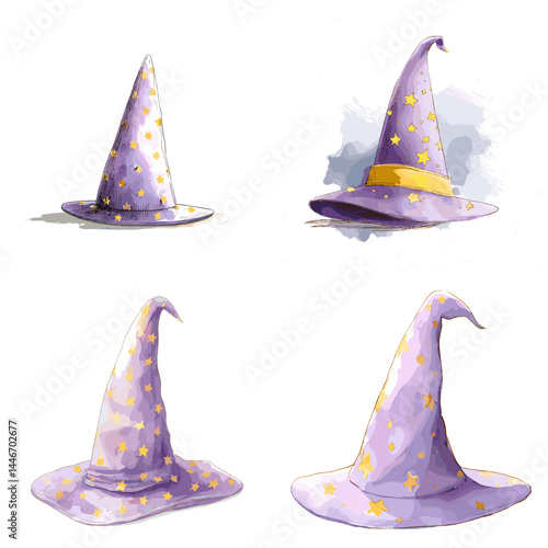 Playful watercolor illustrations of purple wizard hats with stars. Ideal for Halloween, magic-themed content, fantasy games, and costume party graphics.

