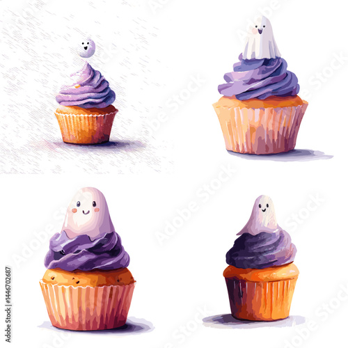 Cute Halloween cupcakes with ghost toppings in watercolor style. Great for holiday cards, party invitations, dessert menus, and spooky themed graphics.

