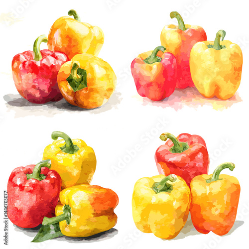 Watercolor-style bell peppers in vibrant red, yellow, and orange tones. Great for food illustrations, organic markets, and healthy eating visuals.

