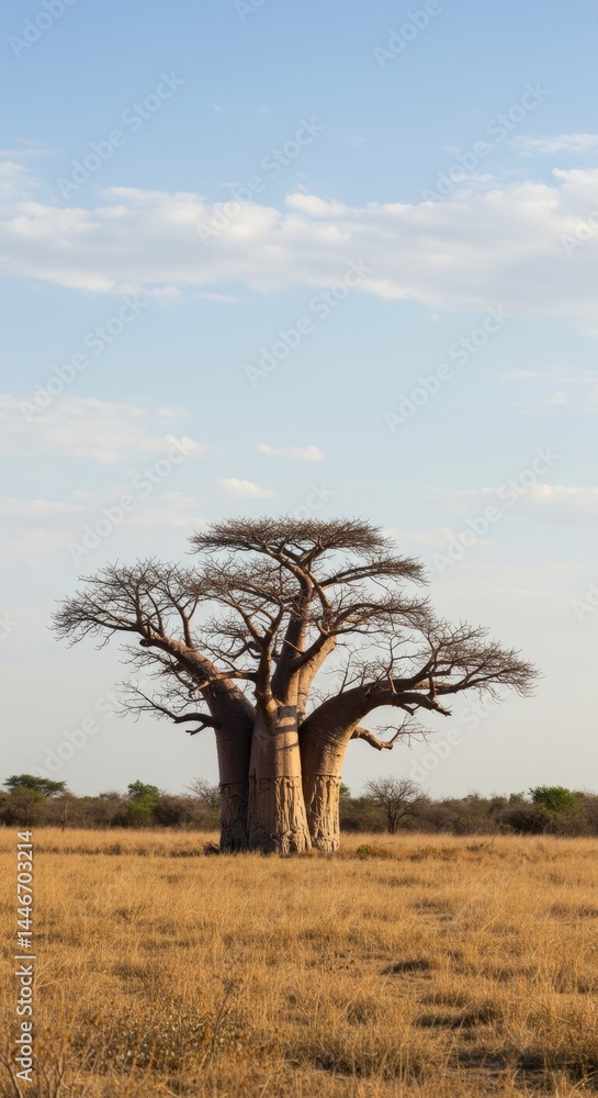 a solitary baobab tree rising from the flat African savannah a solitary baobab tree rising from the flat African savannah