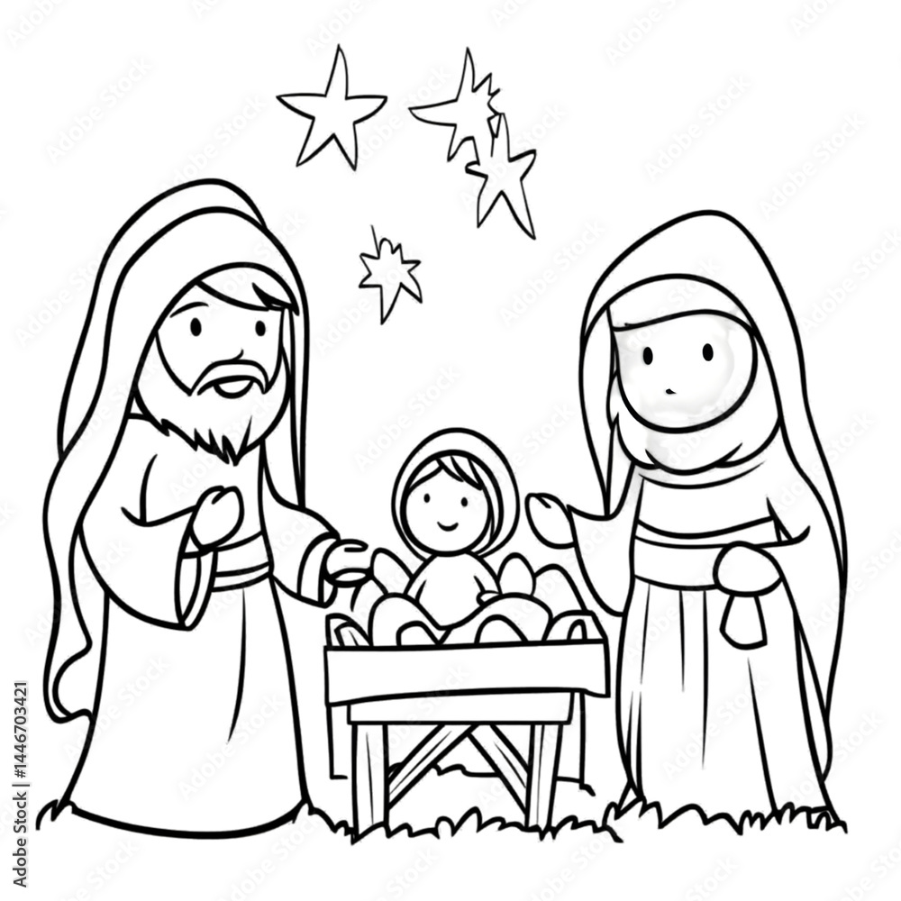 Nativity Scene Illustration, Isolated Black and White Holy Family Illustration Nativity Scene Illustration, Isolated Black and White Holy Family Illustration