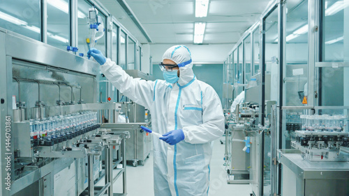High-tech pharmaceutical laboratory, close-up of a scientist in full PPE using precision instruments to measure active compounds, sterile and futuristic environment.