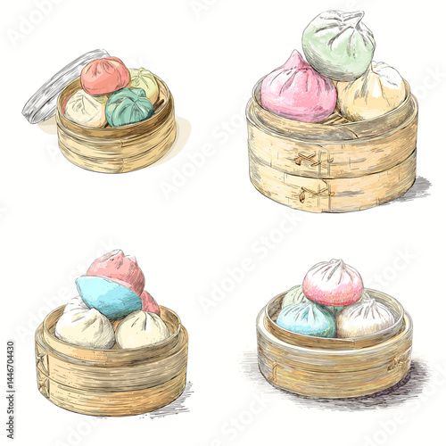 Watercolor-style illustration of colorful steamed dumplings in bamboo baskets. Ideal for Asian cuisine, dim sum restaurant menus, and cultural food designs.

