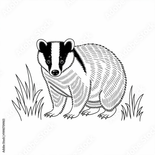 ‎A black and white badger line art of a coloring page white background
