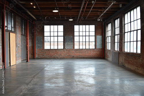 Empty studio  industrial chic  exposed brick  concrete floor  and window make space feel vast and filled with potential  ready for creative endeavors
