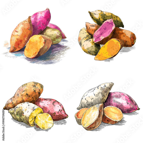 Realistic illustration of colorful sweet potatoes in various shapes. Perfect for healthy food campaigns, root vegetable posters, or farm-to-table branding.

