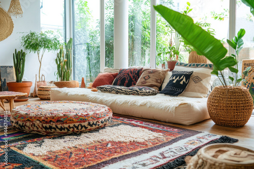 cozy and inviting interior studio with modern bohemian style, filling with colorful accents, creating feeling of serene relaxation