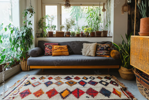 Interior studio modern bohemian style is serene, presenting colorful charm with plants. delightful design evokes sense of peace and artistic flair