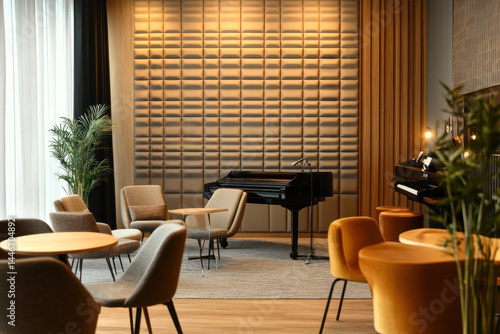 Interior studio music room instrument sound piano create serene atmosphere, making guests feel relaxed and welcome