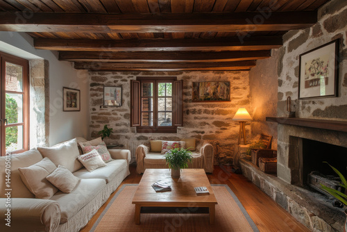 Interior studio, rustic farmhouse, wood beam, style, and color create comforting vibe. This cozy space feels inviting and warm for relaxing and sharing