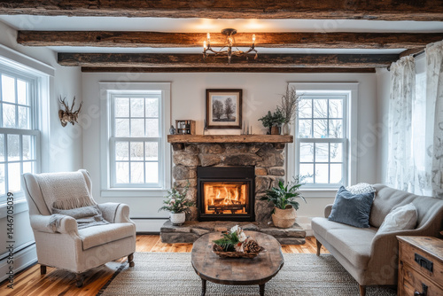 Cozy rustic farmhouse interior evokes sense of warmth and serenity with stone fireplace, and wood beams makes space feel intimate and inviting