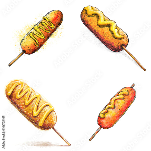 Delicious hand-drawn corn dogs topped with mustard. Ideal for fast food illustrations, snack menus, and American street food themes.

