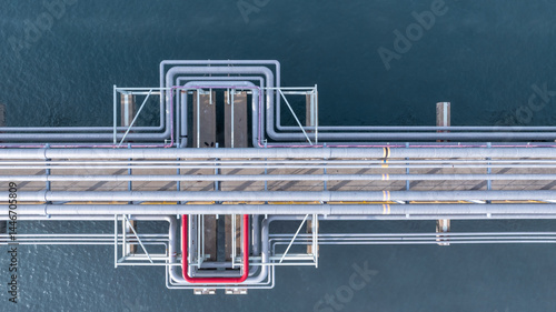 Obraz na płótnie Aerial view industrial oil and gas pipeline system, Energy industry pipeline structure oil and gas refinery, Industrial pipeline system petrochemical plant refinery, Petrochemical pipeline network. w salonie