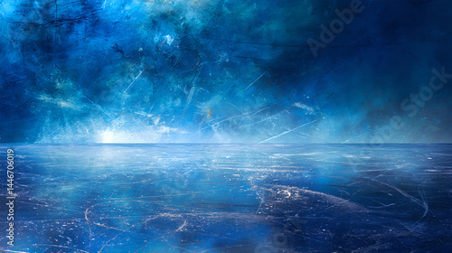 A cracked blue ice surface with intricate patterns, possibly on a frozen lake or hockey rink.