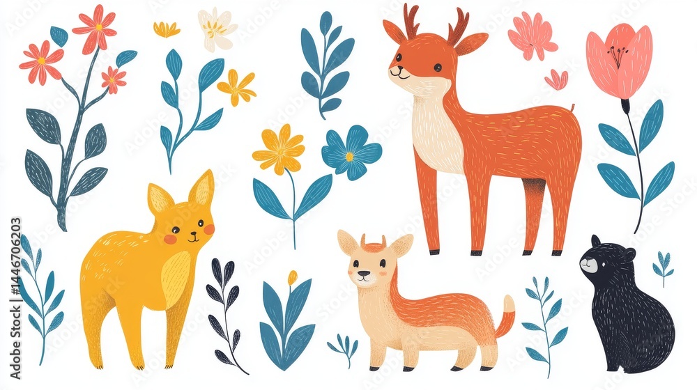 Fototapeta premium Collection of cute woodland creatures and flowers.