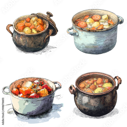 Hand-drawn vector illustration of rustic stew pots filled with vegetables. Perfect for culinary themes, cooking blogs, recipe books, and food design elements.

