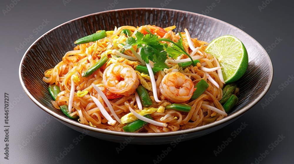 Shrimp Pad Thai in Dark Brown Bowl with Lime Garnish Shrimp Pad Thai in Dark Brown Bowl with Lime Garnish