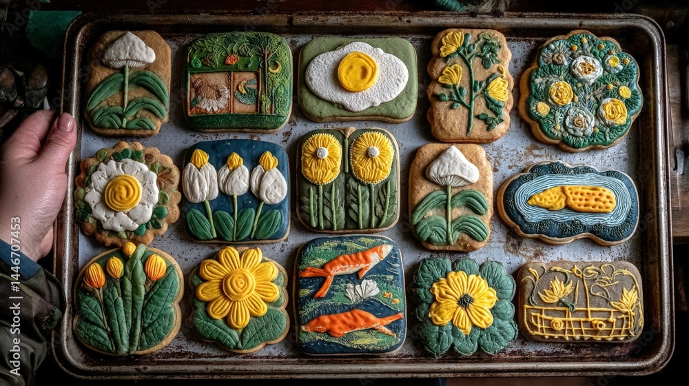 Artistic Floral Fauna Decorated Cookies on Baking Tray Artistic Floral Fauna Decorated Cookies on Baking Tray