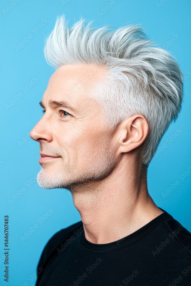 Fototapeta premium A stylish male making a statement. Elegant men's short rebellious haircut - midlife white man with white hair. Design idea design of style for aging men. Blue solid background.