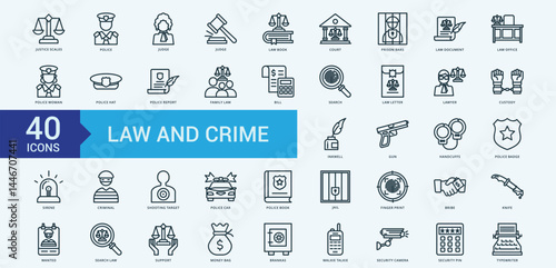 Law and Crime icon collection set with justice scales, police, judge, law book, court