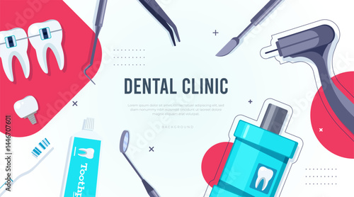 Vector illustration of dental clinic banner with various professional dental tools surrounding a clean layout. Ideal for healthcare flyers, dental promotions, and oral hygiene awareness designs