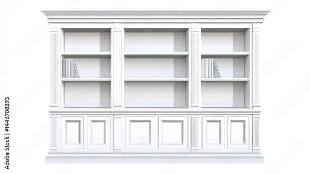 White wooden bookcase with multiple shelves, classic design. Empty shelves showcasing potential for books and decor White wooden bookcase with multiple shelves, classic design. Empty shelves showcasing potential for books and decor
