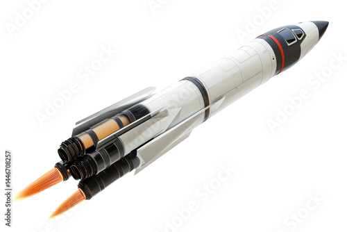 Digitally rendered image of a long-range missile with multiple engines, showcasing intricate detail and modern design elements.