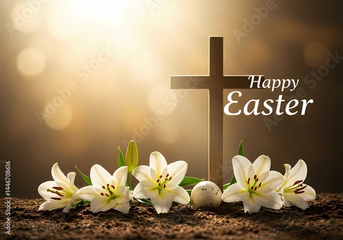 Happy Easter: A Serene Easter Image Featuring a Wooden Cross and Lilies