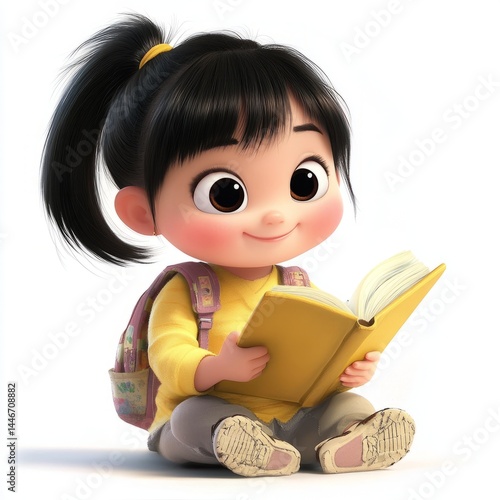 A cartoon girl sitting cross-legged, reading a book with glasses on, deeply focused and smiling, on a white background