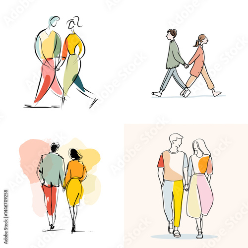 Minimalist illustrations of couples walking together, perfect for romantic, relationship, and lifestyle themes in editorial and creative use.


