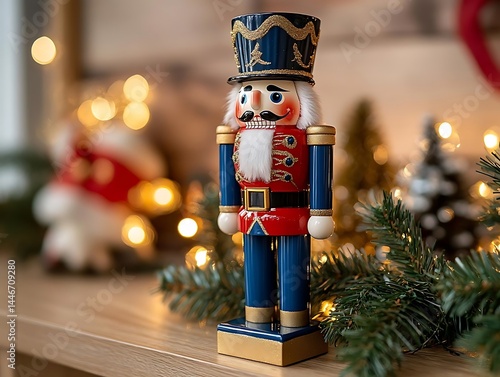 Blue and Red Christmas Nutcracker Figurine on Wooden Table with Pine Branches and Fairy Lights - Illustration