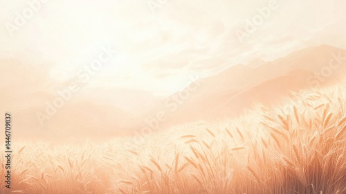 Fototapeta Naklejka Na Ścianę i Meble -  Golden wheat field at sunset, mountains in background.