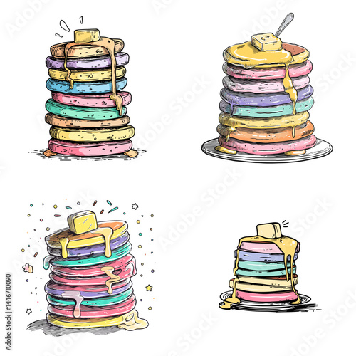 Stacked colorful pancakes with syrup and butter, illustrated in a fun hand-drawn style, ideal for breakfast, dessert, and food illustration themes.

