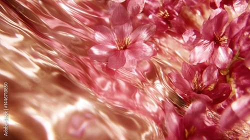 Close-up view of delicate pink blossoms on rippling, golden-rose surface.
