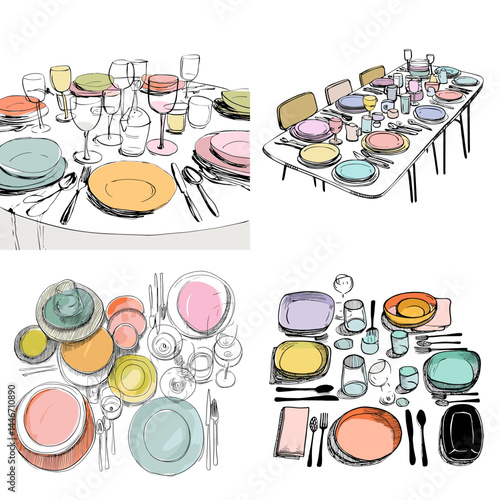 Hand-drawn illustration of colorful table settings and dishware for dining events, ideal for restaurant themes, hospitality promotions, or etiquette visuals.

